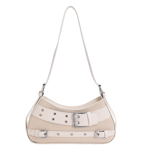 Chic beige woven underarm bag with silver buckles and a retro motorcycle aesthetic