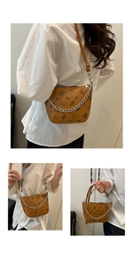 Detailed views of a brown crossbody bag featuring bear prints and a silver metal chain strap