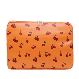 Orange laptop sleeve with cherry print for 13-14 inch notebook with dual zipper