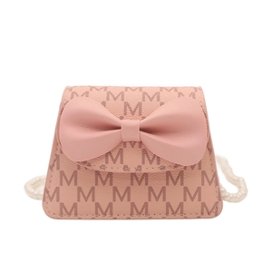 Pink mini crossbody bag with bow decoration and pearl chain strap for women and kids