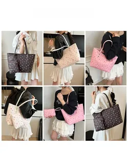 Six-view montage of a model wearing the floral bow pattern tote bag with small pouch