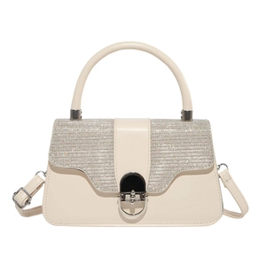 Elegante cremefarbene PU-Lederhandtasche mit funkelnder Strassklappe und Metallverschluss