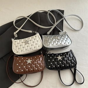 Quilted Shoulder Bag PU Leather Rhinestone Star Decor Underarm Crossbody Bag Y2K Chic Fashion Women Small Square Bag