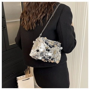 Model wearing a stylish silver sequin crossbody bag with a sleek metallic chain strap