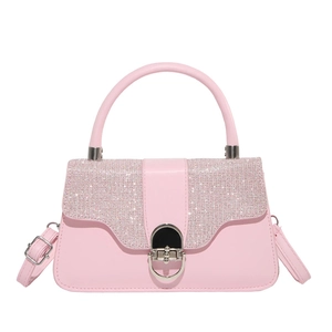 Rosafarbene PU-Handtasche mit Strass-Umschlag und silbernem Metallverschluss