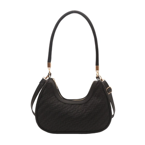 Stylish black woven crescent hobo bag with gold hardware and adjustable shoulder strap