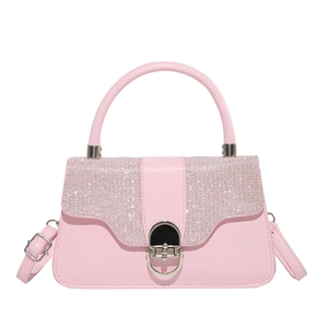 Pink rhinestone flap handbag with silver hardware lock and top handle for women