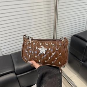 Brown patent leather quilted bag with silver stars and rhinestones for Y2K fashion
