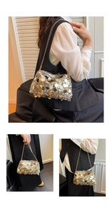 Detailed view of silver sequin crossbody bag with gold chain strap and zipper closure