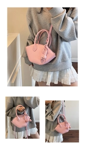 Pink trapezoidal handbag with knotted handles shown in multiple lifestyle views.