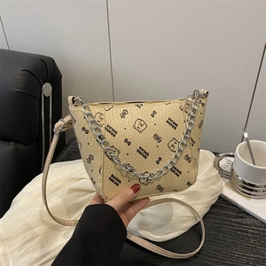 Beige small square bag with cartoon bear prints and silver metal chain strap for women