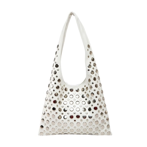 White hobo shoulder bag with silver stud rivets on white background for casual daily wear