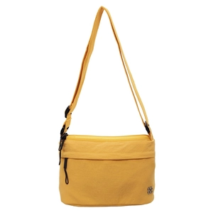 Bright yellow nylon messenger bag with multi-layer zipper pockets and floral logo detail