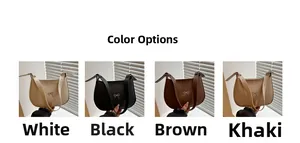 Collage of leather shoulder bags in white, black, brown, and khaki with metal bow detail