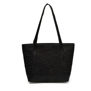 Minimalist large black tote bag with white polka dots and FASHION label, 2025 style