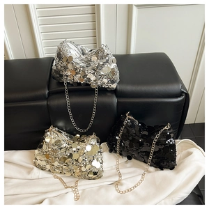 Detailed view of sequin crossbody bags in silver, gold, and black with chain straps