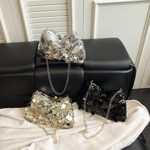 Women Sequin Chain Shoulder Bag Large Round Sequins Sparkly Party Evening Clutch Handbag Trendy Disco Crossbody Purse