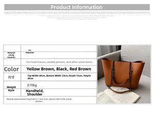 Detailed size specifications for a large yellow-brown PU leather chain tote handbag