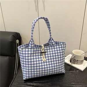 Japanese style blue and white plaid tote bag with horn buckle for school and commuting