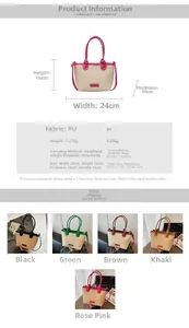 Spécifications détaillées d'un petit sac seau tissé en similicuir PU disponible en cinq couleurs