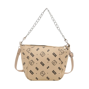 Beige bear print shoulder bag with silver chain handle and adjustable strap on white background