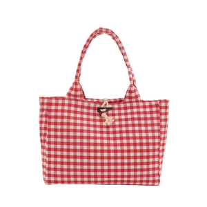 Large capacity red and white checkered canvas tote bag with toggle button closure