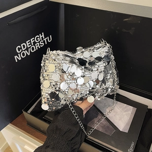 Silver sequin chain bag for women with reflective round sequins and metallic chain strap