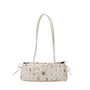 Chic beige underarm bag with cute cartoon bear print and decorative ribbon bow