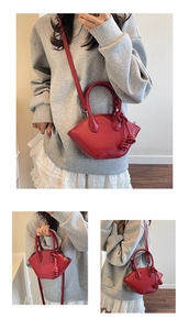 Detail views of a red retro handbag showing crossbody and top handle carrying styles