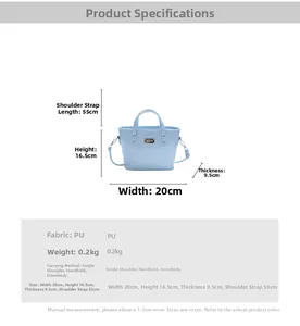 Size chart showing light blue PU bucket bag dimensions: 20cm width and 16.5cm height