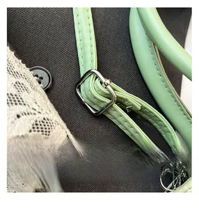 Detail of adjustable mint green leather strap with silver metal buckle and lobster clasp