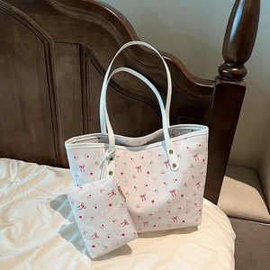 Women Floral Bow Print Tote Bag And Pouch PU Leather Large Capacity Shoulder Bag Casual Commuter Sweet Handbag