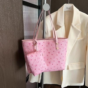 Pink cherry bow print tote bag and mini purse set for women office and commute