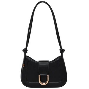 Vintage black half-moon shoulder bag with glossy finish and gold D-ring hardware