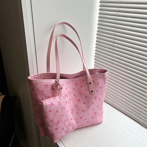 Grand Sac Fourre-tout en Cuir PU pour Femmes Imprimé Nœud Floral Cerise Sac à Épaule Avec Petite Pochette Sac à Main pour École Quotidien