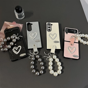 Quilted heart phone case with pearl strap and bow for Samsung Z Fold 6 flip series