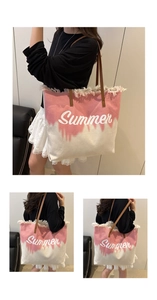 Détail du sac cabas en toile dégradé rose avec imprimé Summer et anses en cuir brun
