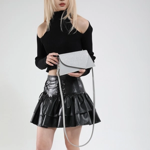 Silver sequin patchwork crossbody bag for women with elegant gray leather paneling