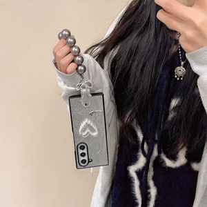 Silver wrinkled texture phone case with pearl heart and wrist strap for Samsung Z Fold