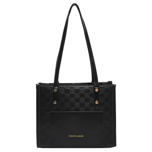 Black luxury shoulder bag with checkered pattern and long straps on white background