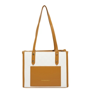 White checkerboard tote bag with brown leather handles and front pocket for women