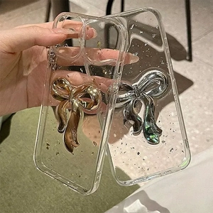 Phone Case For iPhone 3D Metal Bow Decoration Metallic Foil Transparent TPU Shockproof Protective Cover Luxury Fashion