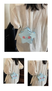 Detail view of mini star-shaped crossbody bag with a smiley face and silver chain strap