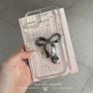 Transparent iPhone case with silver 3D bow and sparkling foil flakes for a stylish look
