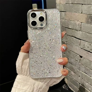Close-up of glitter iPhone case with silver sequins and transparent silicone edges