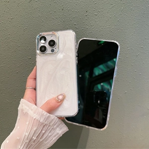 Close-up of pearl white marble glitter phone case with silver metal camera lens frame