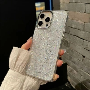 Close-up of glitter phone case with silver sequins for iPhone 16 Pro Max slim design