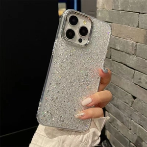 Close-up of glitter silver sequin phone case with metallic frame for iPhone