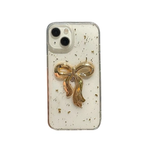 Transparent iPhone case with 3D gold bowknot and sparkling gold foil glitter flakes