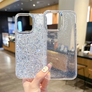 Clear glitter phone case for iPhone 17 Pro Max with protective metal camera frame